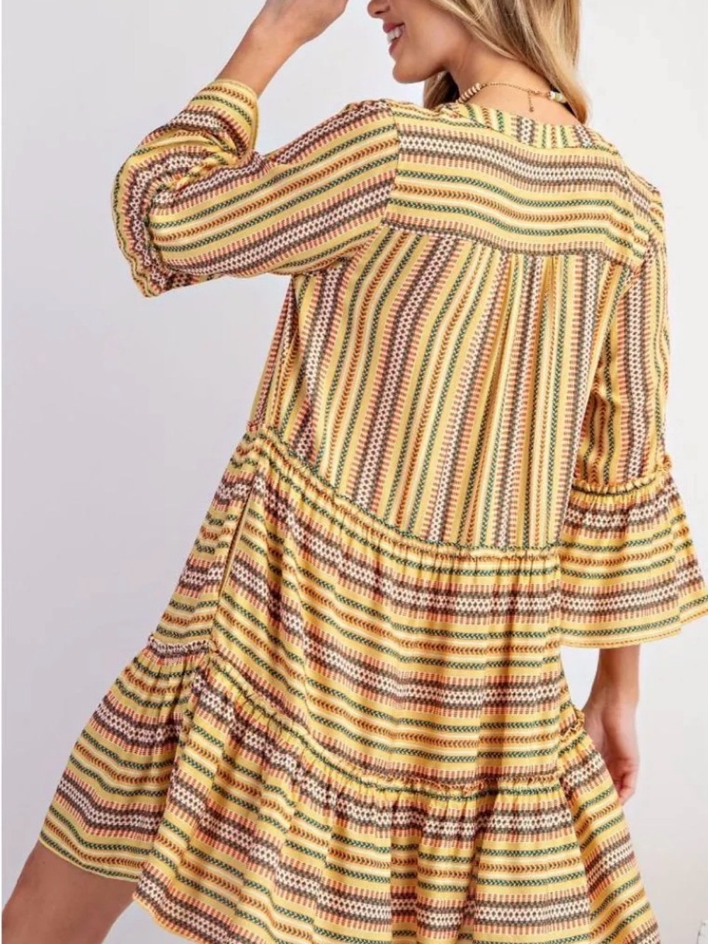 Plus Size Boho Tiered V-Neck Dress in Yellow Stripes with pockets - Picture 4 of 5